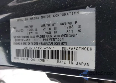 2005 Mazda Mazda3 Sp23 z USA, uszkodzony, nr VIN JM1BK143X51325611